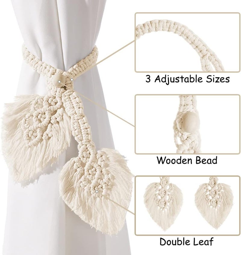 Sunkaioo 2 Pack Boho Curtain Tiebacks,Hand Knitting Cotton Curtain Holdbacks with Adjustable Natural Wooden Bead,Double Leaves Farmhouse Theme Curtain Tie Backs, for Indoor Outdoor Drapes Decorative,(Beige) - Image 3